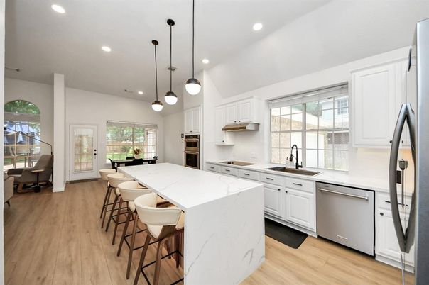 Interior, Kitchen, Pendant Lights, Recessed Lighting, Stainless Steel Appliances, Wood Texture Flooring