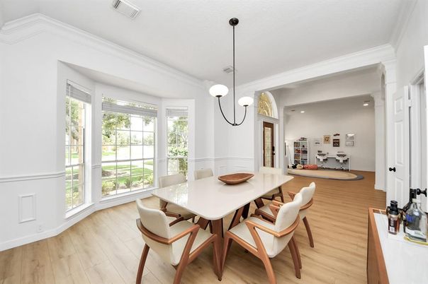 Dining room, Interior, Pendant Lights, Recessed Lighting, Wood Texture Flooring