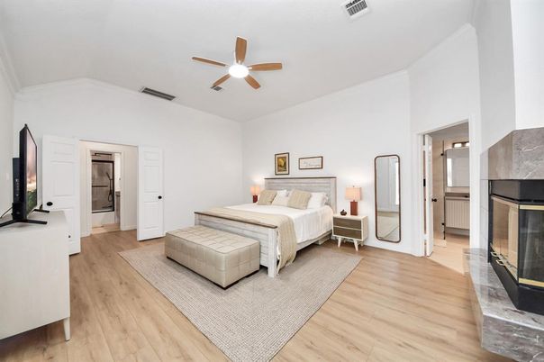 Bedroom, Fireplace, Interior, Wood Texture Flooring
