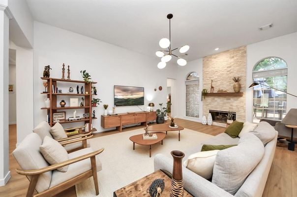 Fireplace, Interior, Living room, Pendant Lights, Recessed Lighting, Stone Walls, Wood Texture Flooring