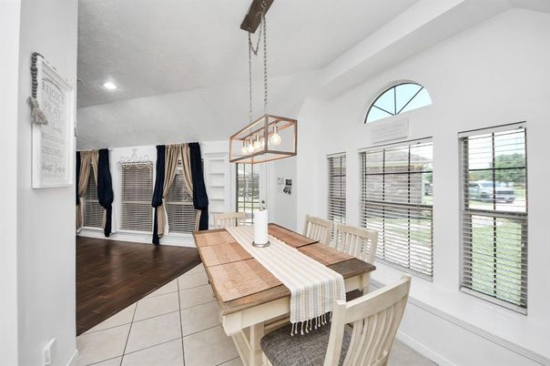 Dining room, Interior, Pendant Lights, Recessed Lighting, Wood Texture Flooring