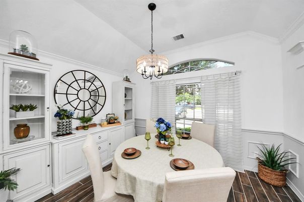 Chandelier, Dining room, Interior, Pendant Lights, Wood Texture Flooring