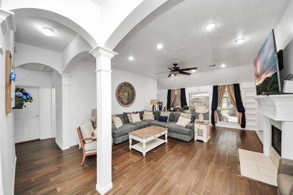 Fireplace, Interior, Living room, Recessed Lighting, Wood Texture Flooring
