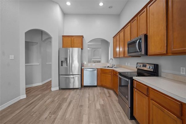 Interior, Kitchen, Recessed Lighting, Wood Texture Flooring