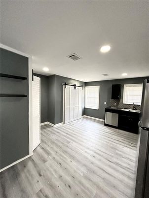 Empty room, Interior, Kitchen, Recessed Lighting, Wood Texture Flooring