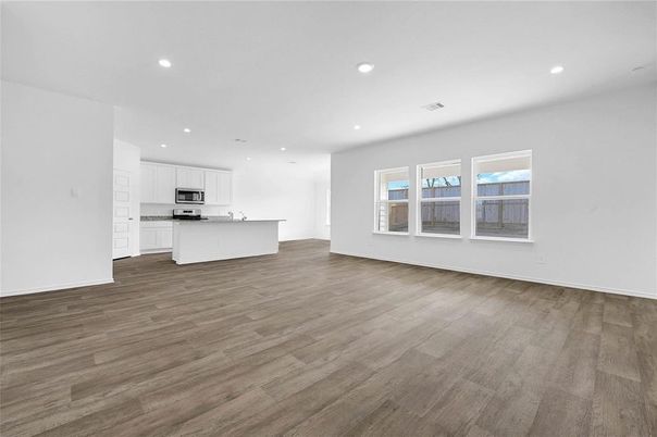 Empty room, Interior, Kitchen, Recessed Lighting, Wood Texture Flooring