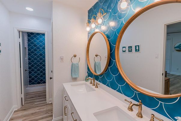 Bathroom, Dual Sink Vanities, Interior, Recessed Lighting, Wood Texture Flooring