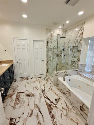 Bathroom, Glass Shower, Interior, Marble, Marble Walls, Recessed Lighting
