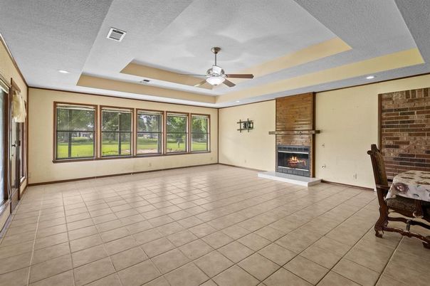 Empty room, Fireplace, Interior, Recessed Lighting, Stone Walls