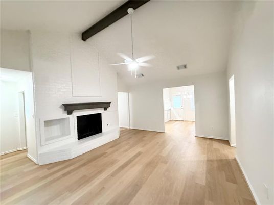 Empty room, Fireplace, Interior, Wooden Beams, Wood Texture Flooring