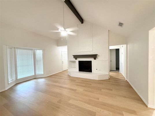 Empty room, Fireplace, Interior, Wooden Beams, Wood Texture Flooring