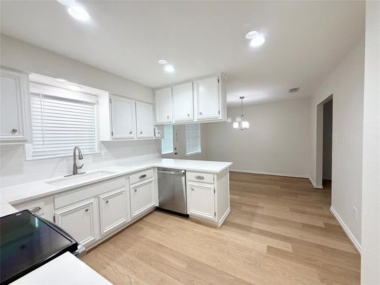 Chandelier, Interior, Kitchen, Pendant Lights, Recessed Lighting, Wood Texture Flooring