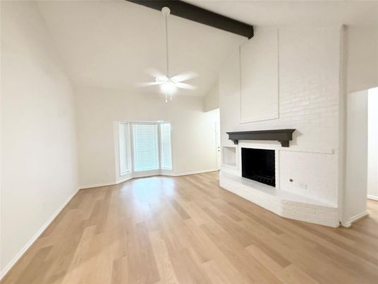 Empty room, Fireplace, Interior, Wooden Beams, Wood Texture Flooring
