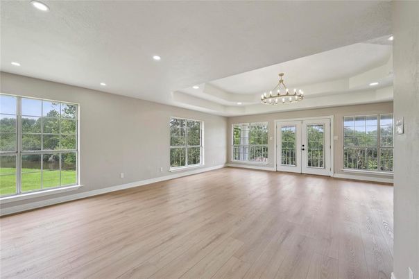 Chandelier, Empty room, Interior, Recessed Lighting, Wood Texture Flooring