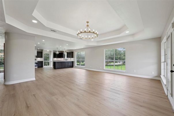 Chandelier, Empty room, Interior, Kitchen, Pendant Lights, Recessed Lighting, Wood Texture Flooring