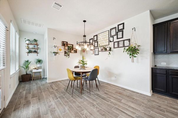 Dining room, Interior, Pendant Lights, Wood Texture Flooring