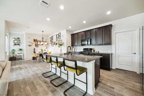 Dining room, Interior, Kitchen, Pendant Lights, Recessed Lighting, Wood Texture Flooring