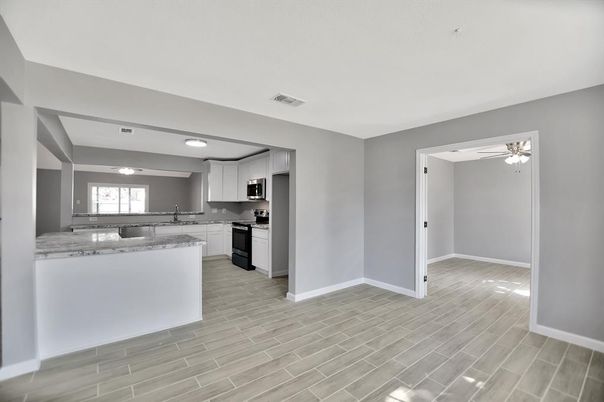 Interior, Kitchen, Recessed Lighting, Wood Texture Flooring