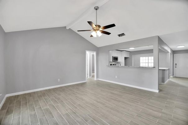 Empty room, Interior, Kitchen, Recessed Lighting, Wood Texture Flooring