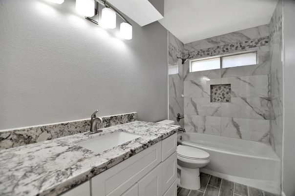 Bathroom, Interior, Marble Walls, Wood Texture Flooring