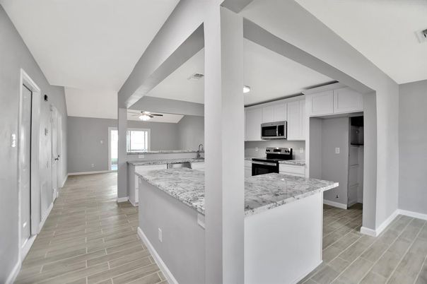 Interior, Kitchen, Pendant Lights, Stainless Steel Appliances, Wood Texture Flooring