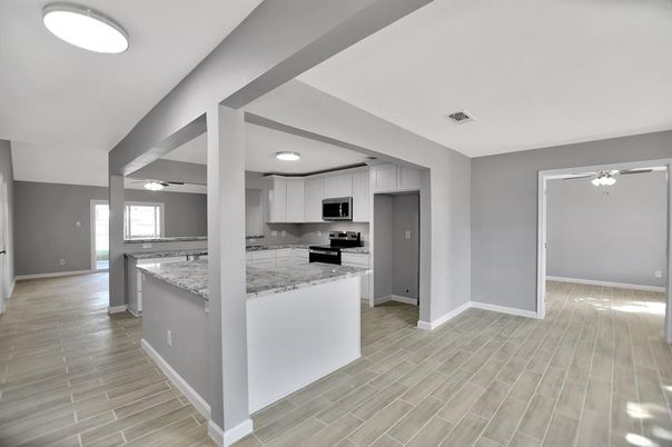 Interior, Kitchen, Recessed Lighting, Stainless Steel Appliances, Wood Texture Flooring
