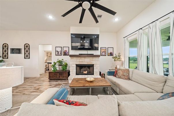 Fireplace, Interior, Living room, Recessed Lighting, Wood Texture Flooring