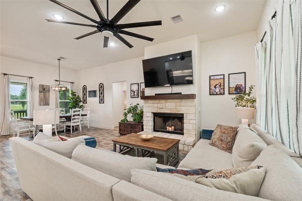 Dining room, Fireplace, Interior, Living room, Pendant Lights, Recessed Lighting