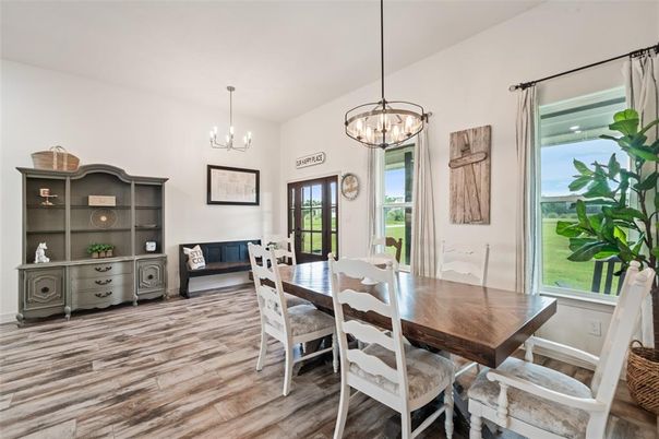 Chandelier, Dining room, Interior, Pendant Lights, Wood Texture Flooring