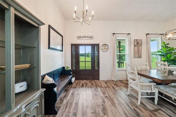 Chandelier, Dining room, Interior, Wood Texture Flooring
