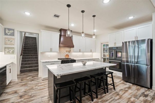 Interior, Kitchen, Pendant Lights, Recessed Lighting, Stainless Steel Appliances, Wood Texture Flooring