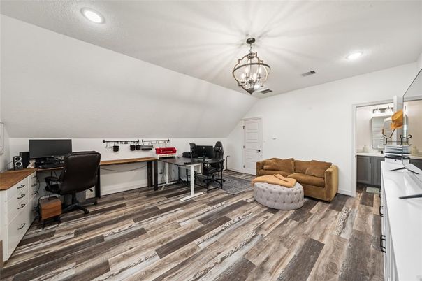 Chandelier, Home Office, Interior, Pendant Lights, Recessed Lighting, Wood Texture Flooring