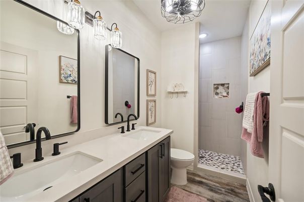 Bathroom, Dual Sink Vanities, Interior, Recessed Lighting, Wood Texture Flooring