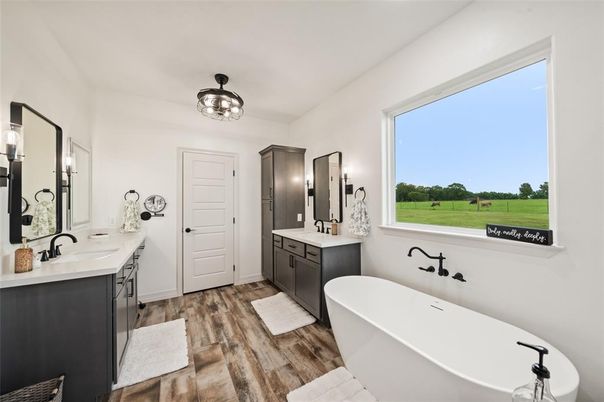 Bathroom, Dual Sink Vanities, Free Standing Baths, Interior, Wood Texture Flooring