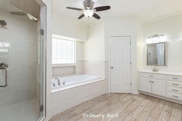 Bathroom, Glass Shower, Interior, Wood Texture Flooring
