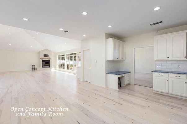 Empty room, Fireplace, Interior, Kitchen, Recessed Lighting, Wood Texture Flooring