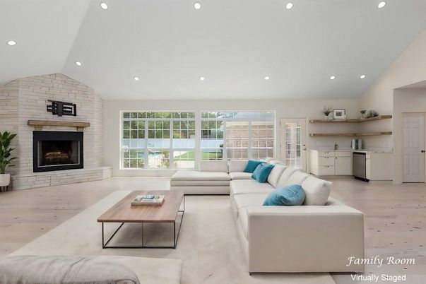 Fireplace, Interior, Kitchen, Living room, Recessed Lighting, Stone Walls, Wood Texture Flooring