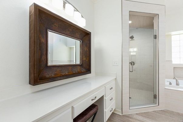 Bathroom, Glass Shower, Interior, Wood Texture Flooring