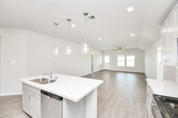 Interior, Kitchen, Pendant Lights, Recessed Lighting, Wood Texture Flooring