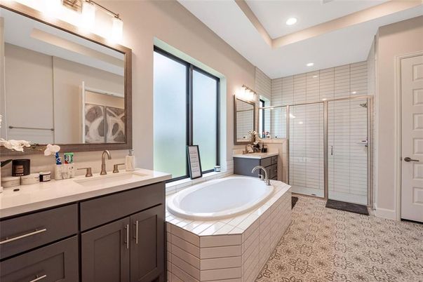 Bathroom, Dual Sink Vanities, Glass Shower, Interior, Recessed Lighting
