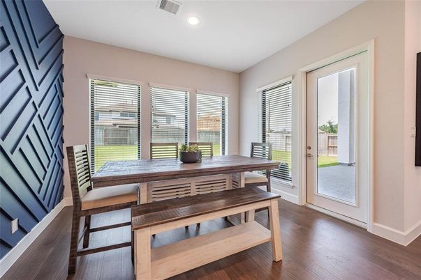 Dining room, Interior, Recessed Lighting, Wood Texture Flooring