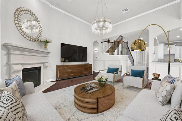Chandelier, Fireplace, Interior, Living room, Recessed Lighting, Wood Texture Flooring