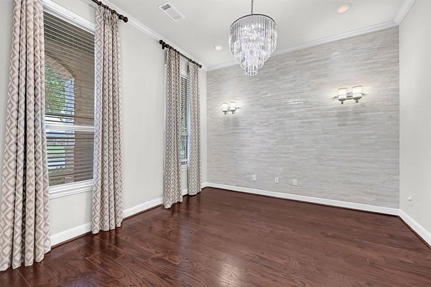 Chandelier, Empty room, Interior, Recessed Lighting, Wood Texture Flooring