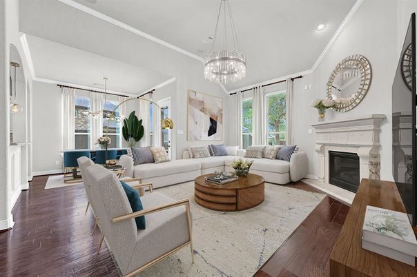 Chandelier, Dining room, Fireplace, Interior, Living room, Pendant Lights, Recessed Lighting, Wood Texture Flooring