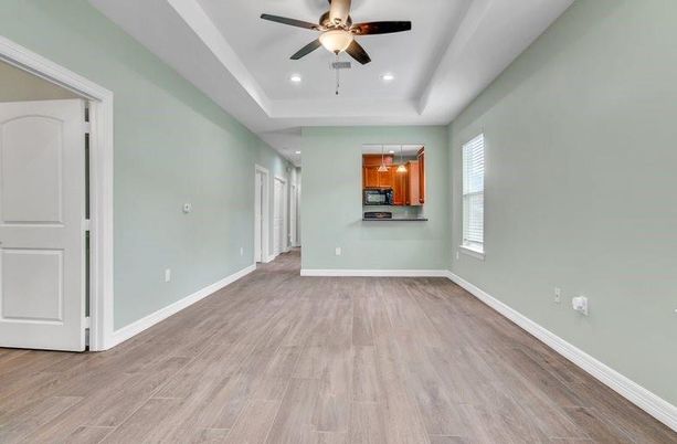Empty room, Interior, Pendant Lights, Recessed Lighting, Wood Texture Flooring