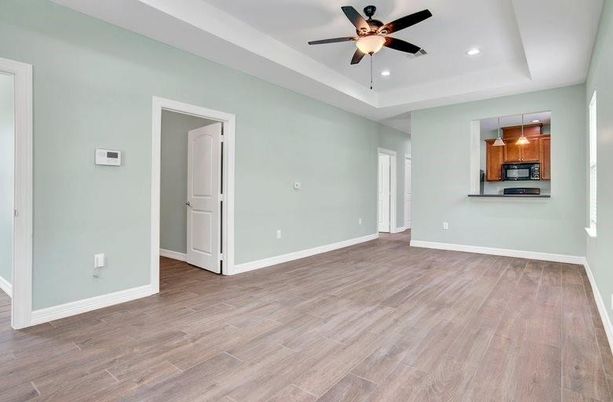 Empty room, Interior, Recessed Lighting, Wood Texture Flooring
