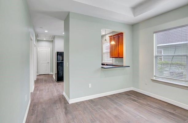 Empty room, Interior, Pendant Lights, Recessed Lighting, Wood Texture Flooring
