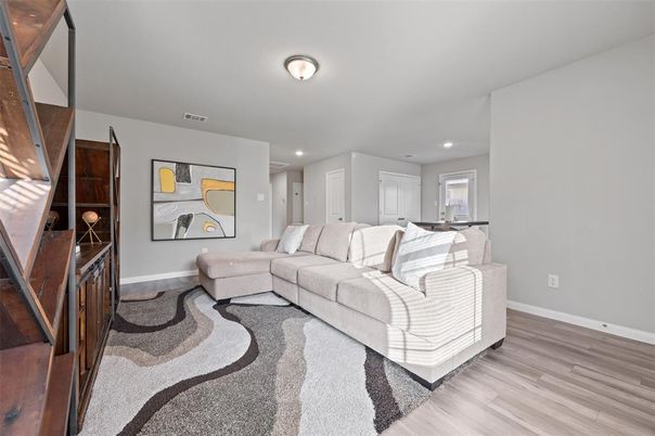 Interior, Living room, Recessed Lighting, Wood Texture Flooring