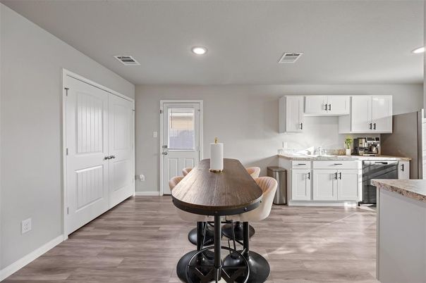 Interior, Kitchen, Recessed Lighting, Wood Texture Flooring