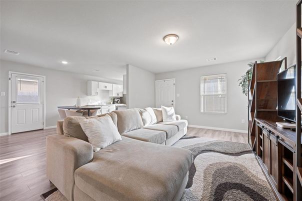 Dining room, Interior, Kitchen, Living room, Recessed Lighting, Wood Texture Flooring